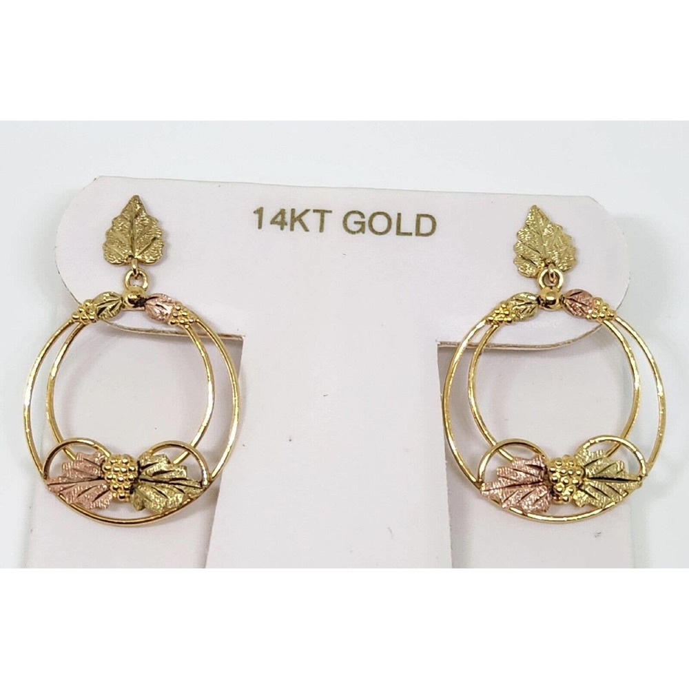 BLACK HILLS GOLD MULTI-TONE LEAVES & GRAPES HOOP EARRINGS - 10K,12K,14K 3.7grams